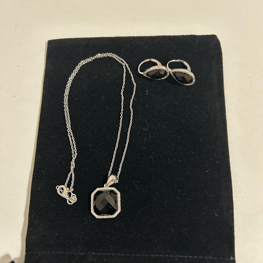 Jewelry Set: Pendant Necklace + Earrings of onyx, moissanite, sterling silver